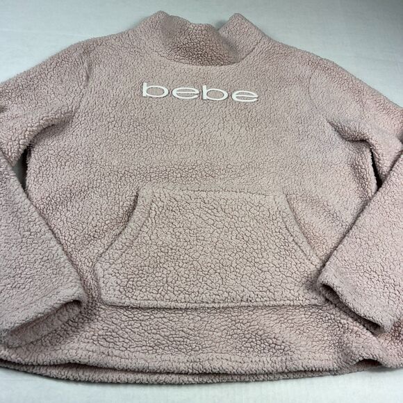 Bebe Logo Sherpa Sweater Pink Cozy Soft Casual Logo Plush Y2K Pullover MEDIUM - Picture 2 of 10